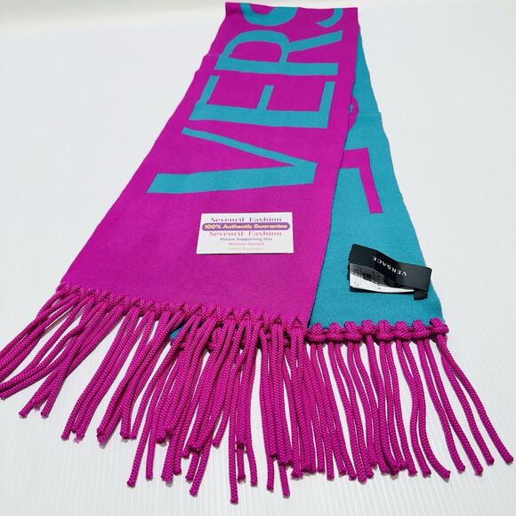 NWT Versace Reversible Teal Pink Fringed Wool Jacquard Logo Scarf 72"x12" $825 - Picture 4 of 13